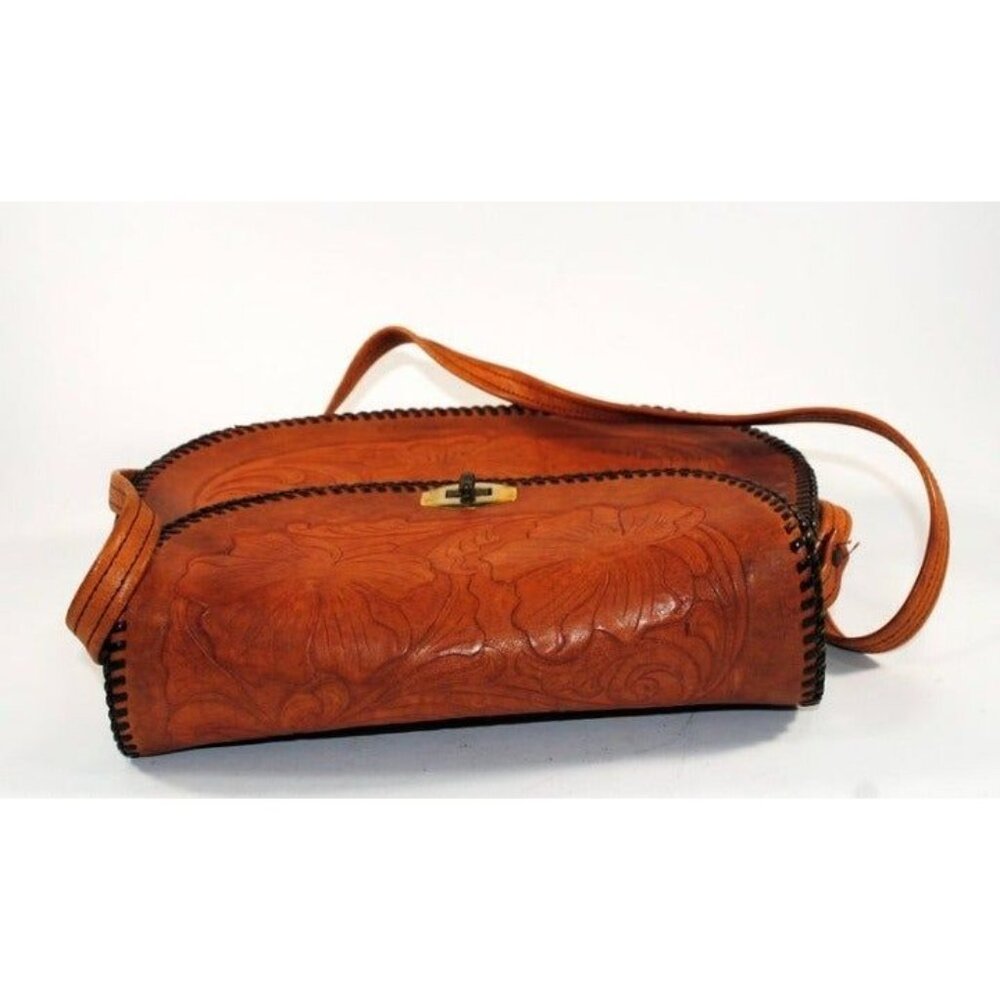 Handmade Tooled Brown Leather Saddle Style Handbag Original Pyrm - Picture 6 of 9